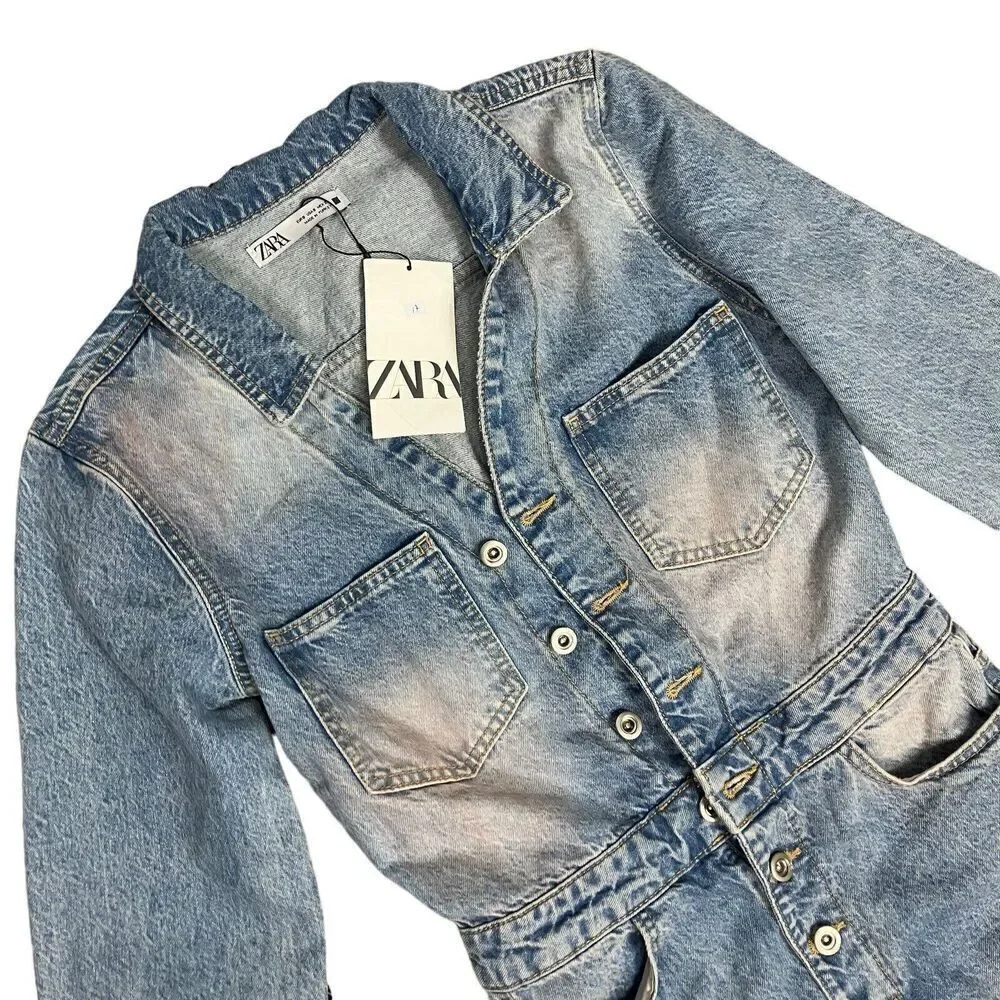ZARA Jumpsuit Women’s‎ S Pink Dyed Denim One Piece Collared Long Sleeve Button